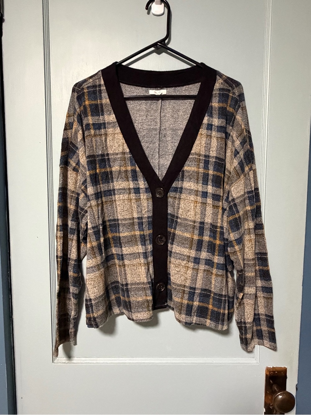 Maurices Plaid Button-Up V-Neck Cardigan - Navy, Tan, Cream